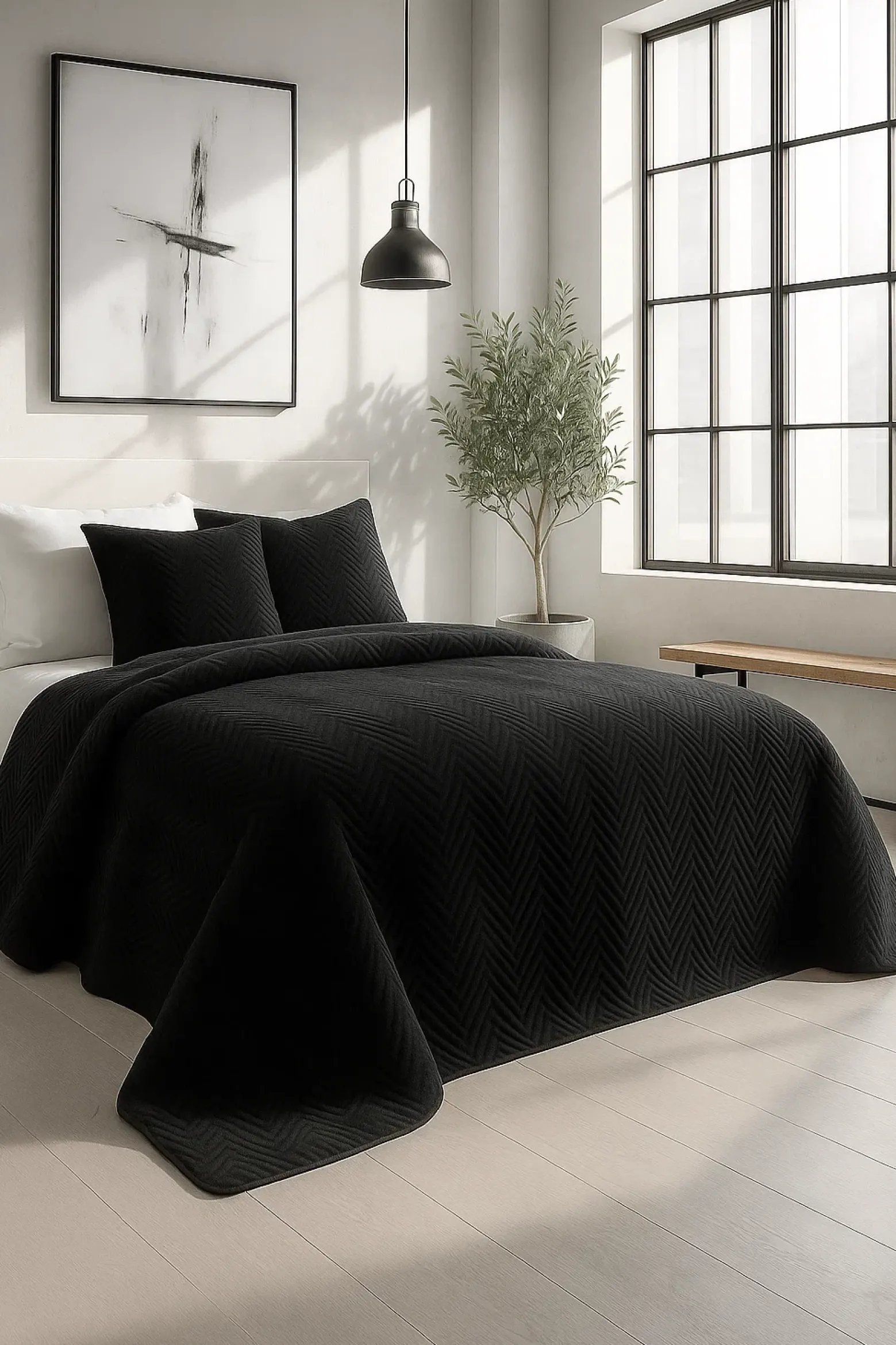 Narzuta dekoracyjna welurowa w jodełkę CHEVRON VELVET 200x220 czarna