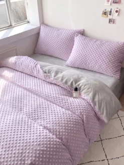 Pościel pluszowa zimowa miś w kropki 3D 200x220 3 el. MINKY lawendowa - jasna szara
