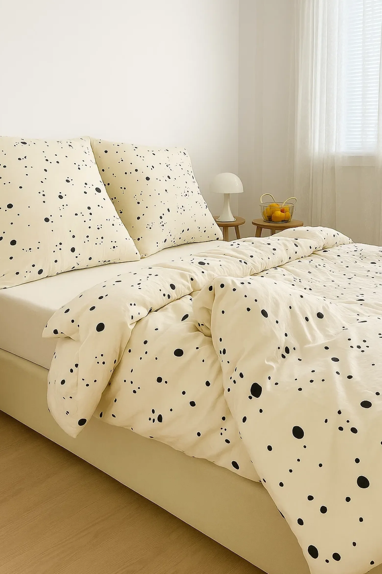 Pościel z mikrofibry biała w kropki i groszki 200x220 3 el. Dots F15 na zamek bez prasowania