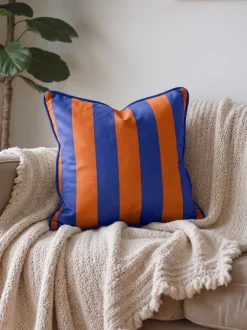 Poszewka na poduszkę dekoracyjna 45x45 w pasy z lamówką niebieska - pomarańczowa