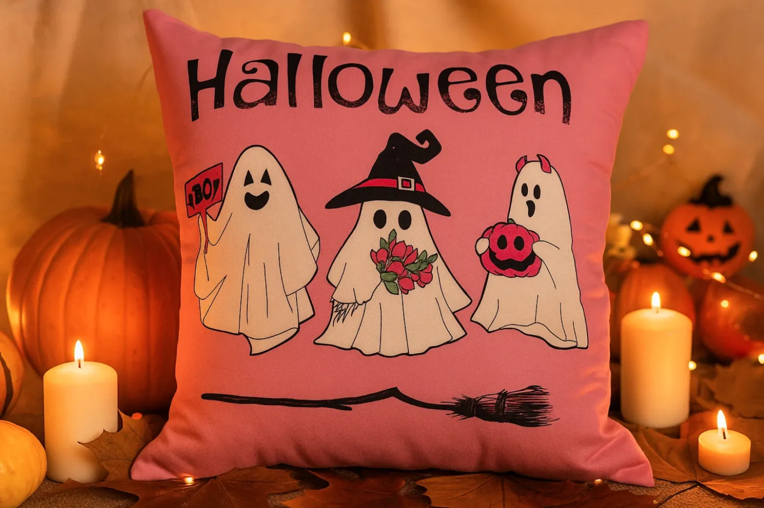 Poszewka na poduszkę Halloween różowa w duszki 40x40 PINK GHOSTS