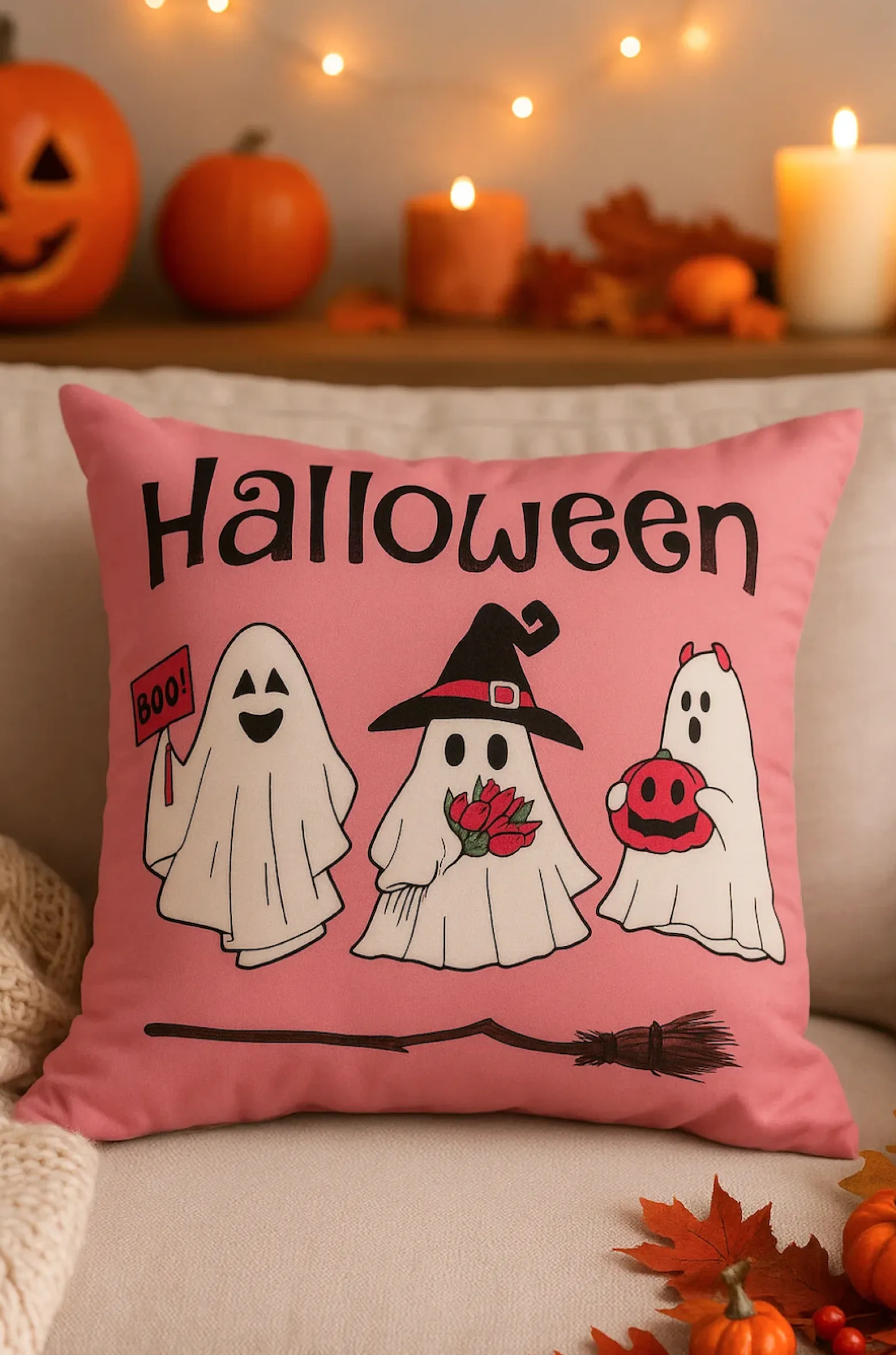 Poszewka na poduszkę Halloween różowa w duszki 40x40 PINK GHOSTS