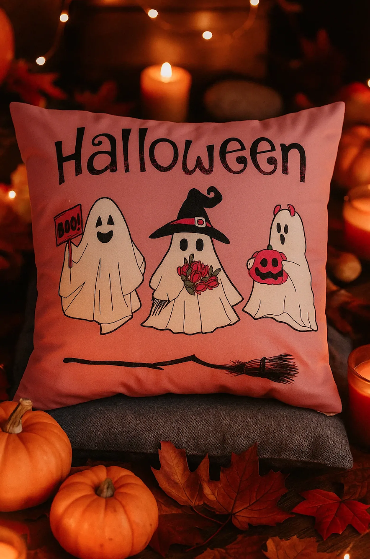 Poszewka na poduszkę Halloween różowa w duszki 40x40 PINK GHOSTS