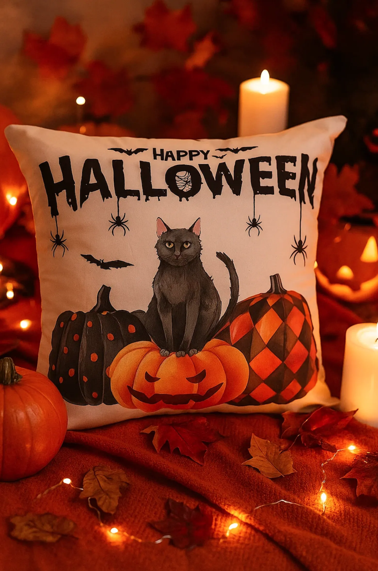 Poszewka na poduszkę Halloween biała z napisem, kotem, dyniami 40x40 HAPPY HALLOWEEN
