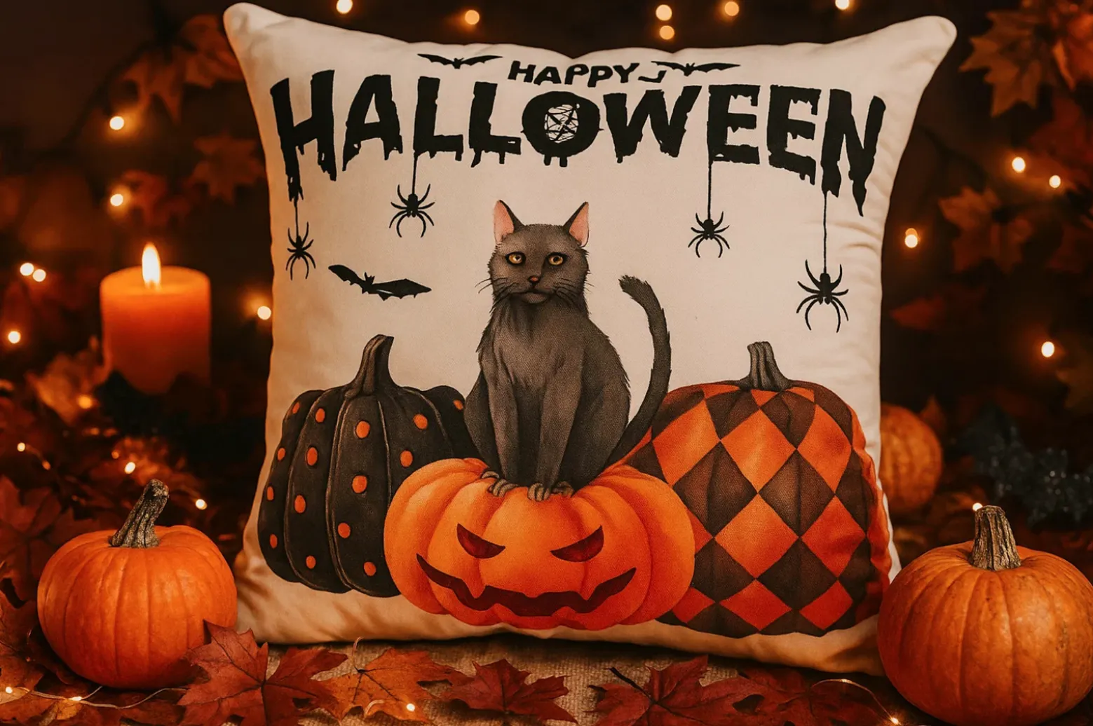 Poszewka na poduszkę Halloween biała z napisem, kotem, dyniami 40x40 HAPPY HALLOWEEN