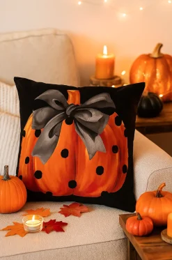 Poszewka na poduszkę Halloween czarna z dynią i kokardą 40x40 PUMPKIN