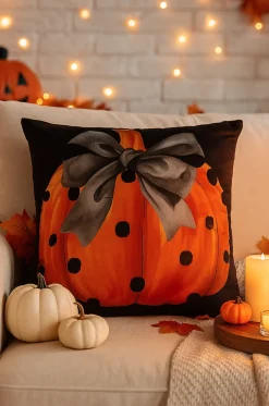 Poszewka na poduszkę Halloween czarna z dynią i kokardą 40x40 PUMPKIN
