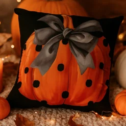Poszewka na poduszkę Halloween czarna z dynią i kokardą 40x40 PUMPKIN