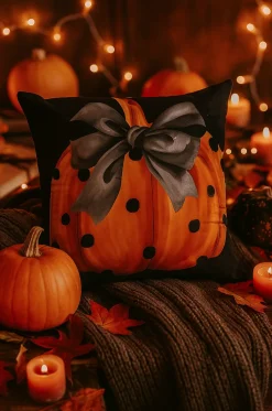 Poszewka na poduszkę Halloween czarna z dynią i kokardą 40x40 PUMPKIN