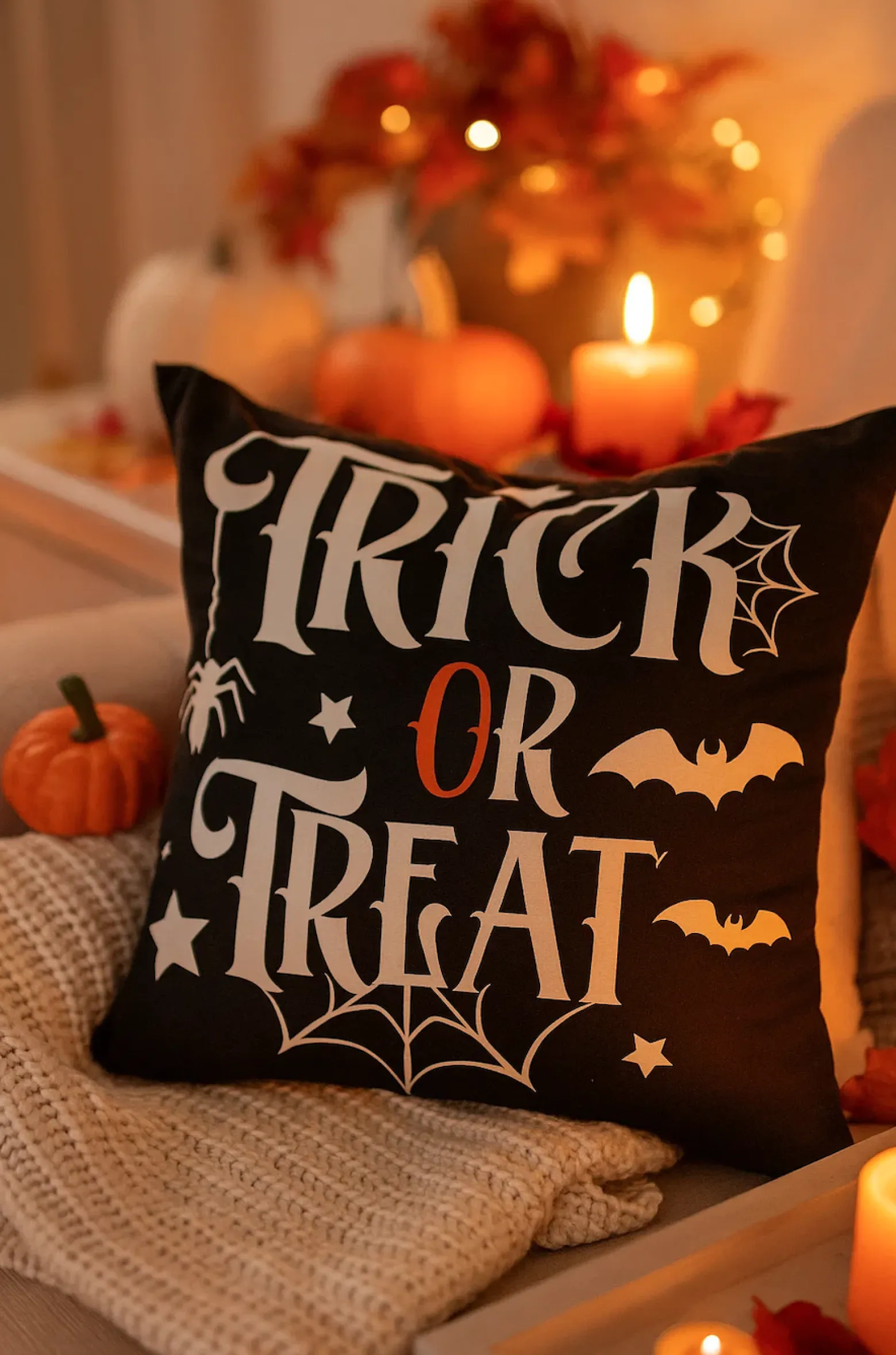 Poszewka na poduszkę Halloween czarna z napisem 40x40 TRICK OR TREAT