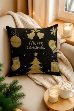 Poszewka na poduszkę świąteczna czarna Merry Christmas z prezentami 40x40