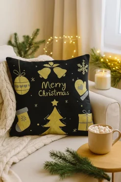 Poszewka na poduszkę świąteczna czarna Merry Christmas z prezentami 40x40