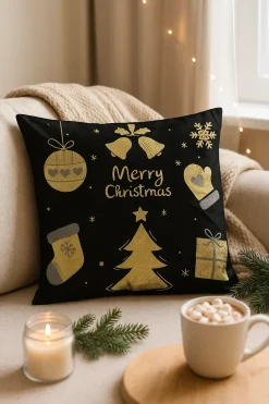 Poszewka na poduszkę świąteczna czarna Merry Christmas z prezentami 40x40