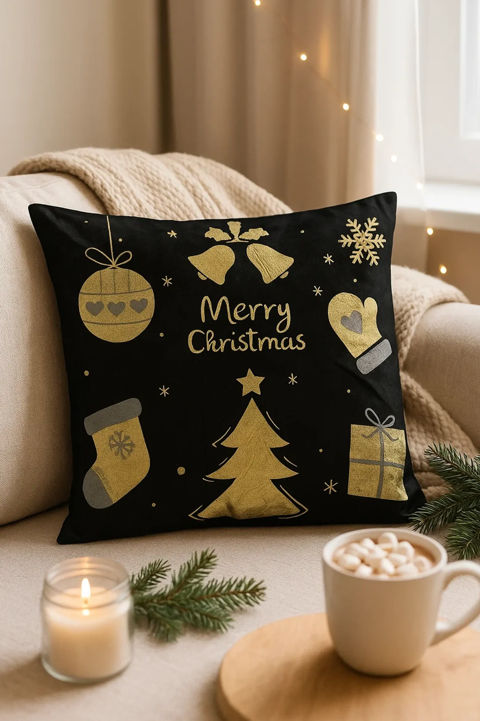 Poszewka na poduszkę świąteczna czarna Merry Christmas z prezentami 40x40