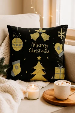 Poszewka na poduszkę świąteczna czarna Merry Christmas z prezentami 40x40