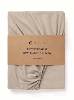 Prześcieradło z gumką bawełniane na wysoki materac beżowe 90x200 + 30 cm zakładki