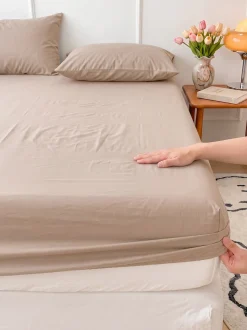 Prześcieradło z gumką bawełniane na wysoki materac beżowe 90x200 + 30 cm zakładki