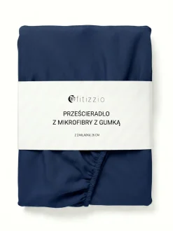 Prześcieradło z gumką z pranej mikrofibry niebieskie granatowe 140x200 + 26 cm zakładki