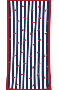 Ręcznik plażowy szybkoschnący z mikrofibry w marynarskie pasy i wisienki 70x140 CHERRIES